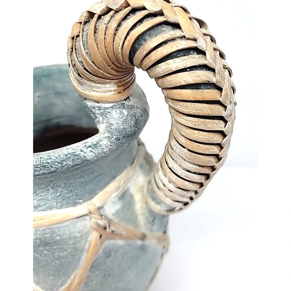 Vintage Coastal Rattan Wrapped Blue Terra‎ Cotta Pitcher 8.25